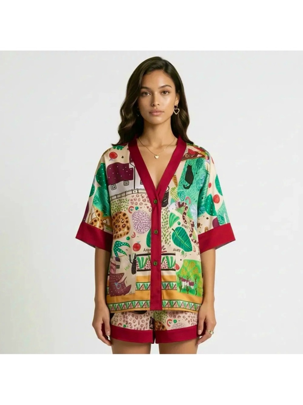 Anna-Kaci Lounge Women's Animal Print Pajama/Casual Set Button Down Top & Shorts